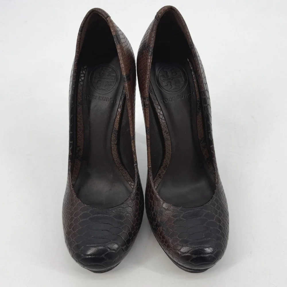 Tory Burch Brown Snakeskin Leather Platform Pumps Gold Logo Heel Size 5.5M